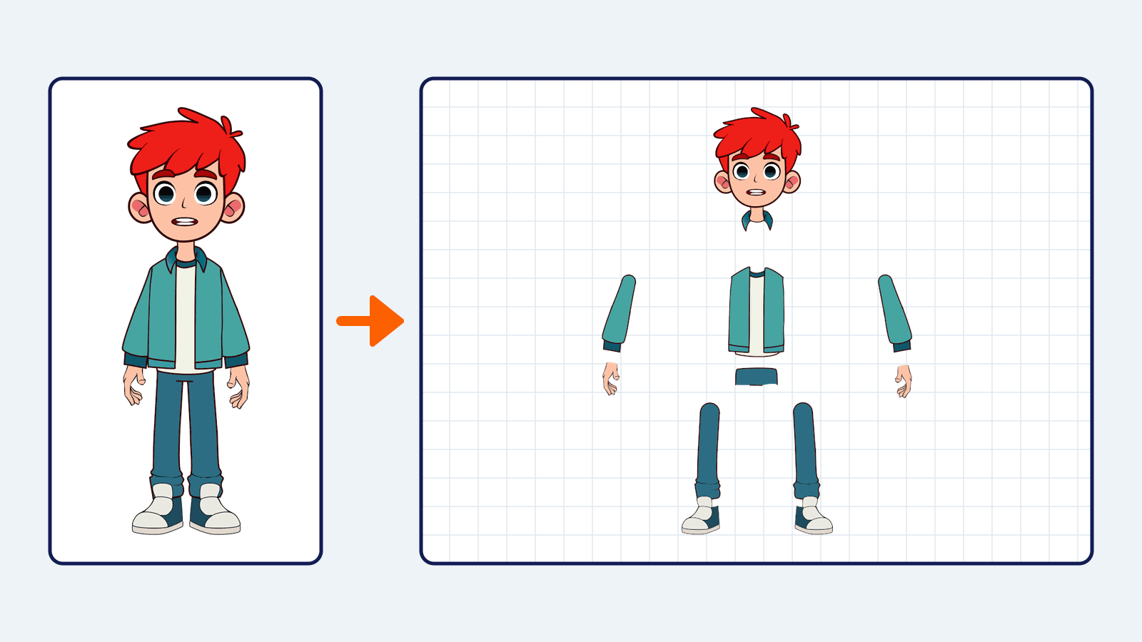 Jack, a red-haired boy in a teal jacket, as drawn in Moho, next to the same drawing split into separate parts: head, collar, jacket and shirt, sleeves, hands, hips, legs and shoes.